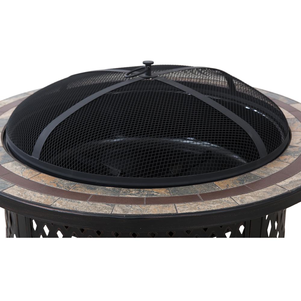 Sunjoy 40 Inch Fire Pit for Outside, Outdoor Round Wood Burning Fire Pit with Steel Mesh Spark Screen, Ceramic Tile Tabletop and Fire Poker, Large Bonfire for Patio and Backyard. Picture 6