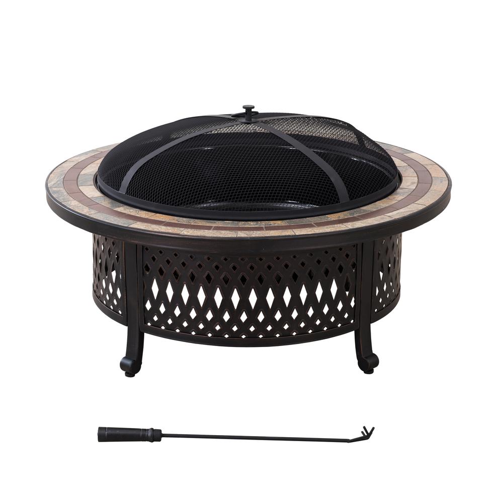 Sunjoy 40 Inch Fire Pit for Outside, Outdoor Round Wood Burning Fire Pit with Steel Mesh Spark Screen, Ceramic Tile Tabletop and Fire Poker, Large Bonfire for Patio and Backyard. Picture 1