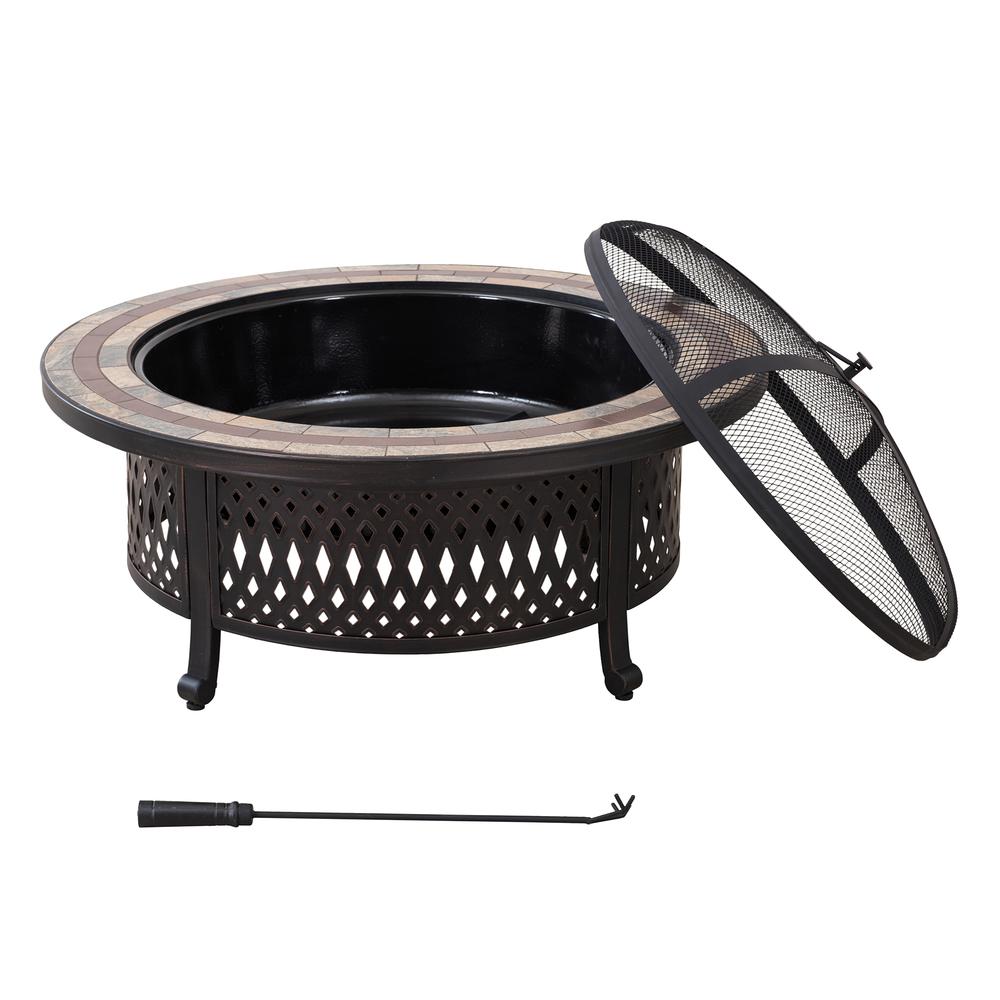 Sunjoy 40 Inch Fire Pit for Outside, Outdoor Round Wood Burning Fire Pit with Steel Mesh Spark Screen, Ceramic Tile Tabletop and Fire Poker, Large Bonfire for Patio and Backyard. Picture 2