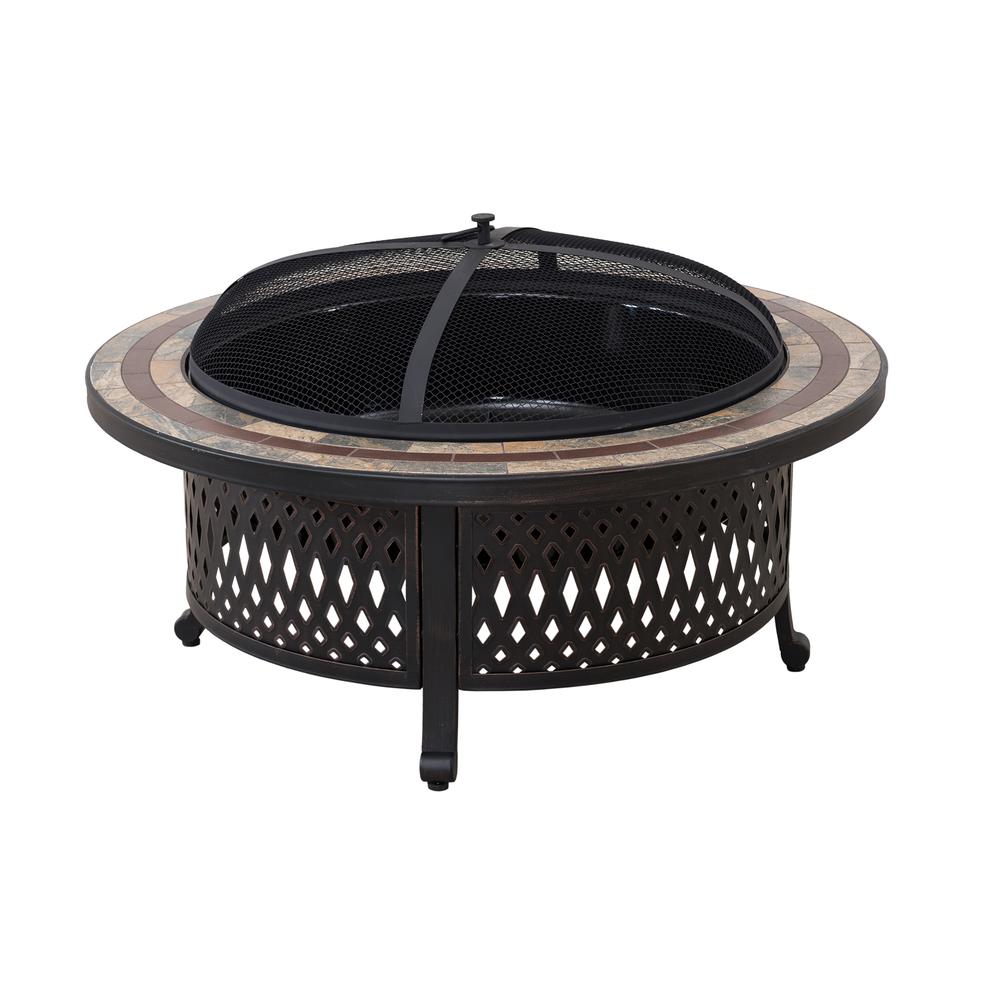 Sunjoy 40 Inch Fire Pit for Outside, Outdoor Round Wood Burning Fire Pit with Steel Mesh Spark Screen, Ceramic Tile Tabletop and Fire Poker, Large Bonfire for Patio and Backyard. Picture 3