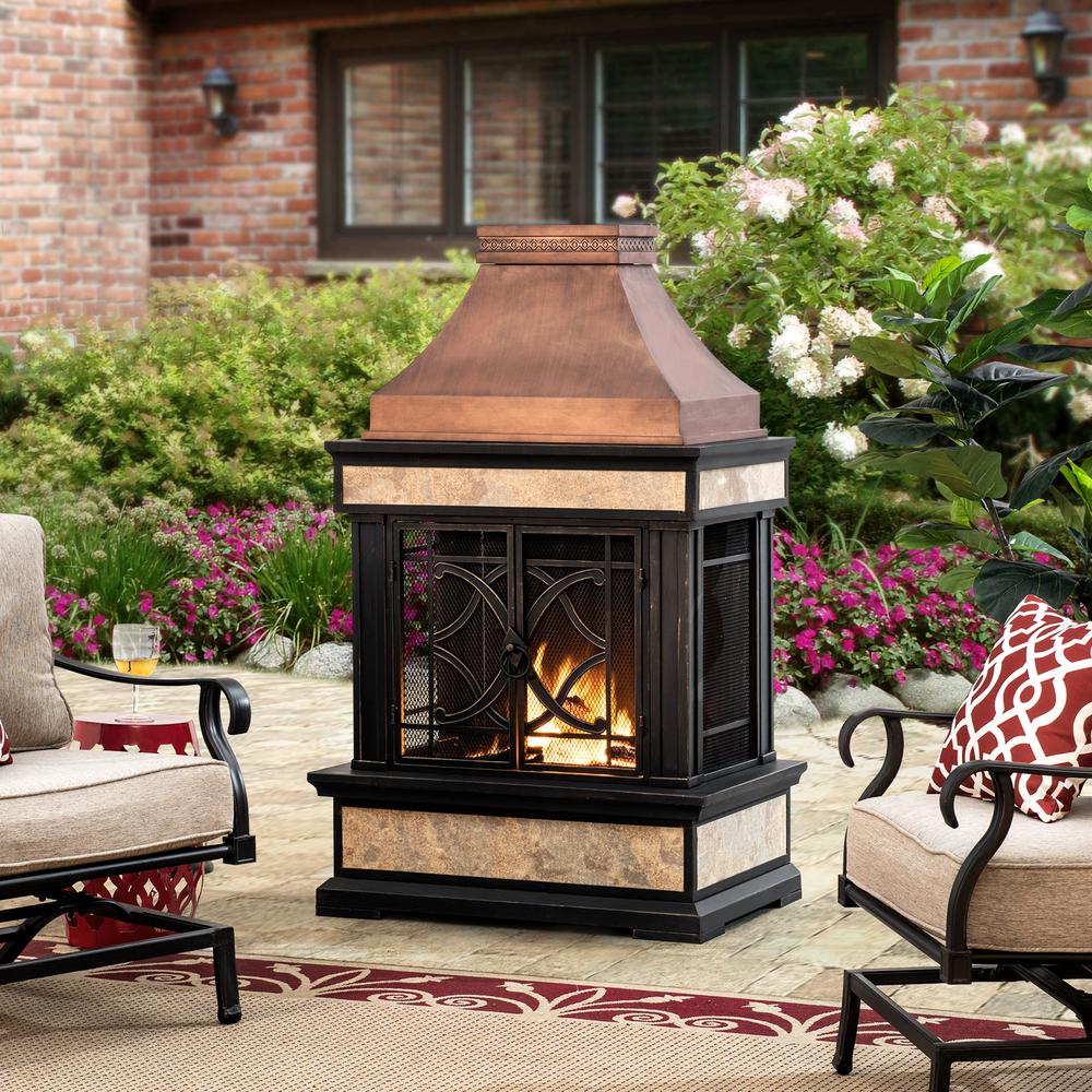 Smith Collection Outdoor Patio Wood Burning Steel Fireplace with Chimney. Picture 13
