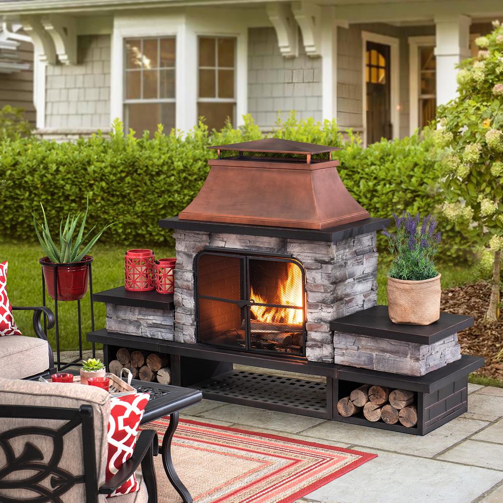 Outdoor Patio Wood Burning Fireplace with Steel Chimney, Mesh Spark Screen Doors. Picture 9