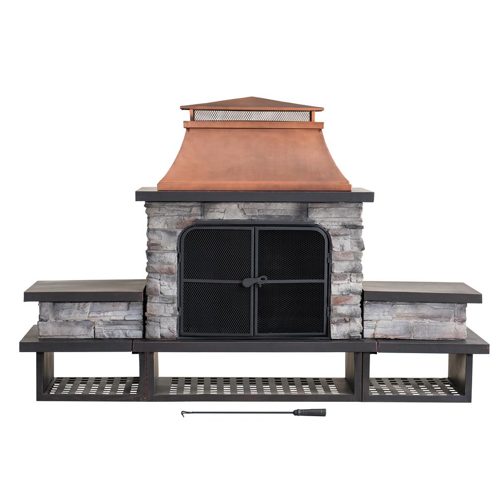 Outdoor Patio Wood Burning Fireplace with Steel Chimney, Mesh Spark Screen Doors. Picture 2