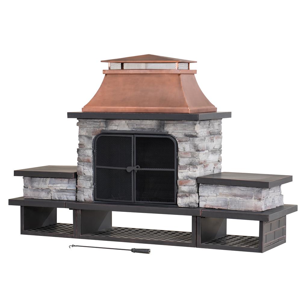 Outdoor Patio Wood Burning Fireplace with Steel Chimney, Mesh Spark Screen Doors. Picture 1
