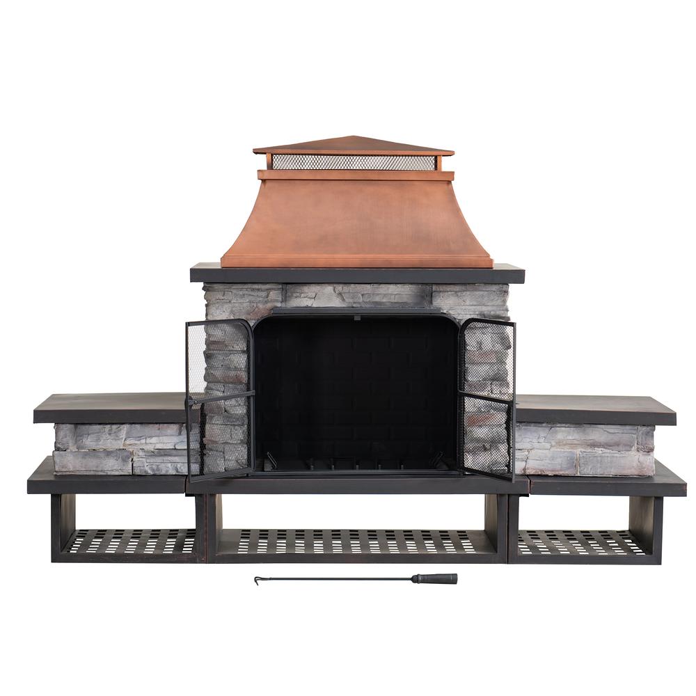 Outdoor Patio Wood Burning Fireplace with Steel Chimney, Mesh Spark Screen Doors. Picture 11