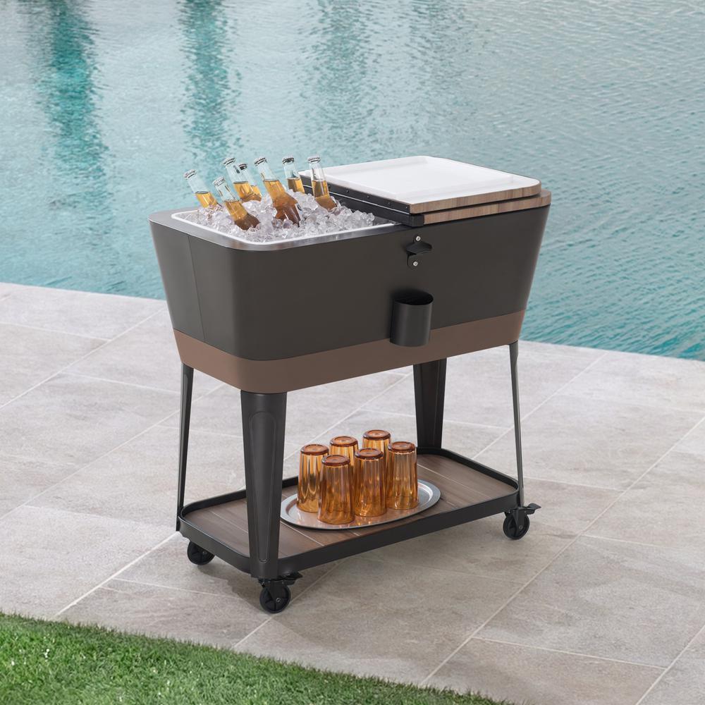 80-Quart Wood Grain Metal Rolling Ice Chest Cooler Cart with Storage Shelf. Picture 20