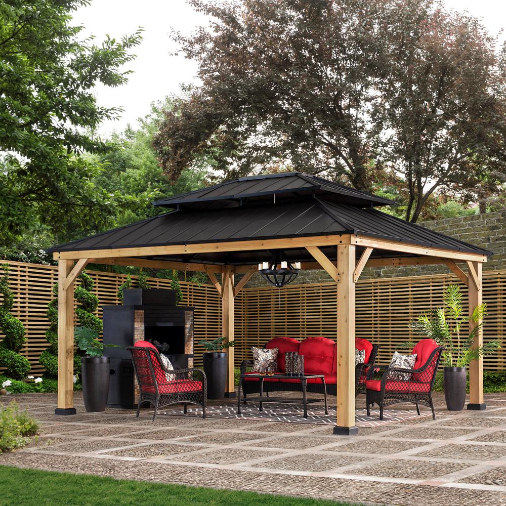 Outdoor Patio Cedar Framed Gazebo with Double Steel Hardtop Roof for Garden. Picture 2