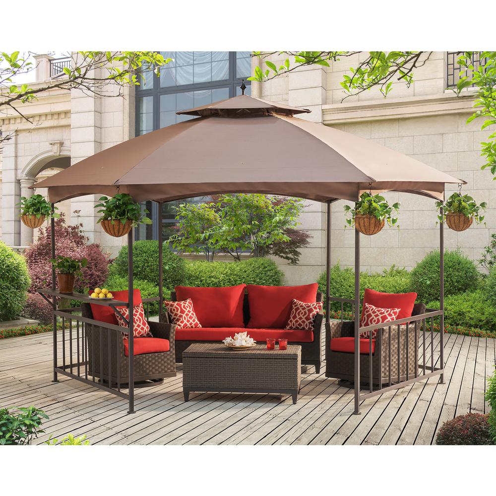 11 ft. x 13 ft. Brown Steel Hexagon Gazebo with 2-tier Khaki Dome Canopy. Picture 2