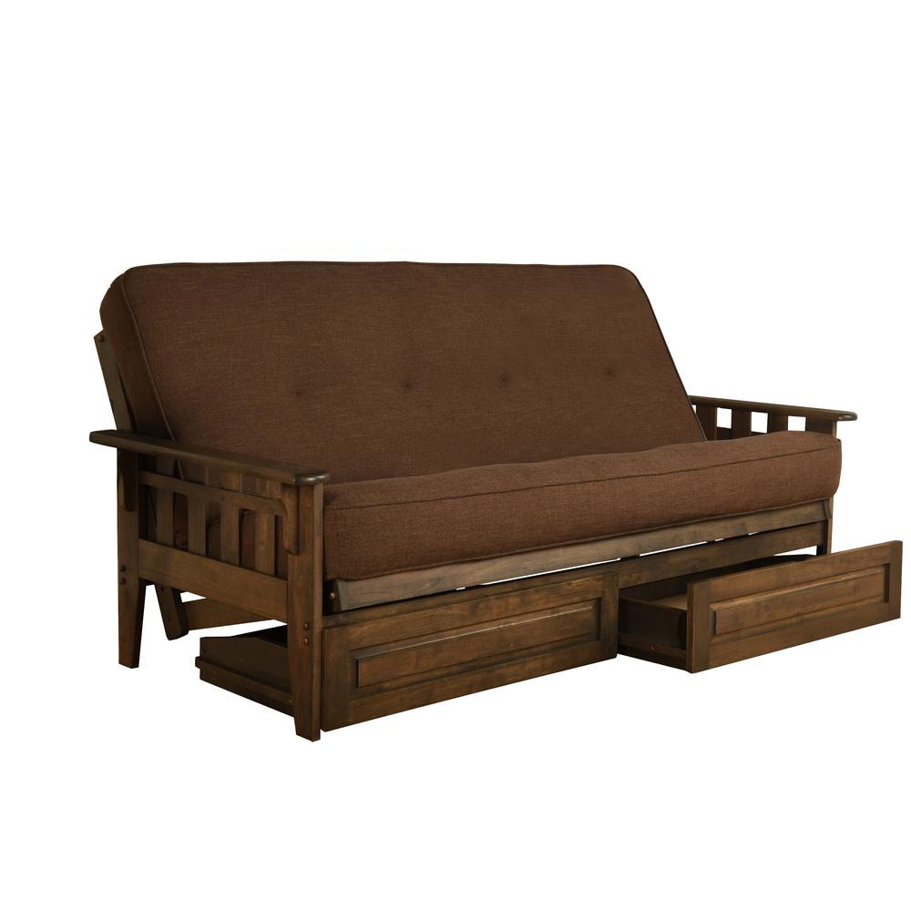 Tucson Frame-Rustic Walnut Finish-Linen Cocoa Mattress-Storage Drawers. The main picture.