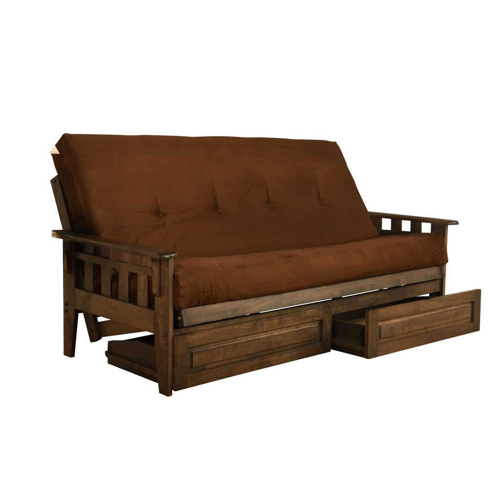 Tucson Frame-Rustic Walnut Finish-Suede Chocolate Mattress-Storage Drawers. Picture 1