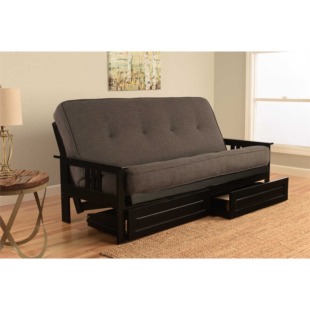 Monterey Frame-Black Finish-Linen Charcoal Mattress-Storage Drawers. The main picture.