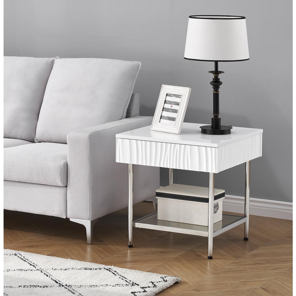 Peaks Coastal One Drawer End/Side Table with Tempered Glass Shelf - Glossy White. Picture 6