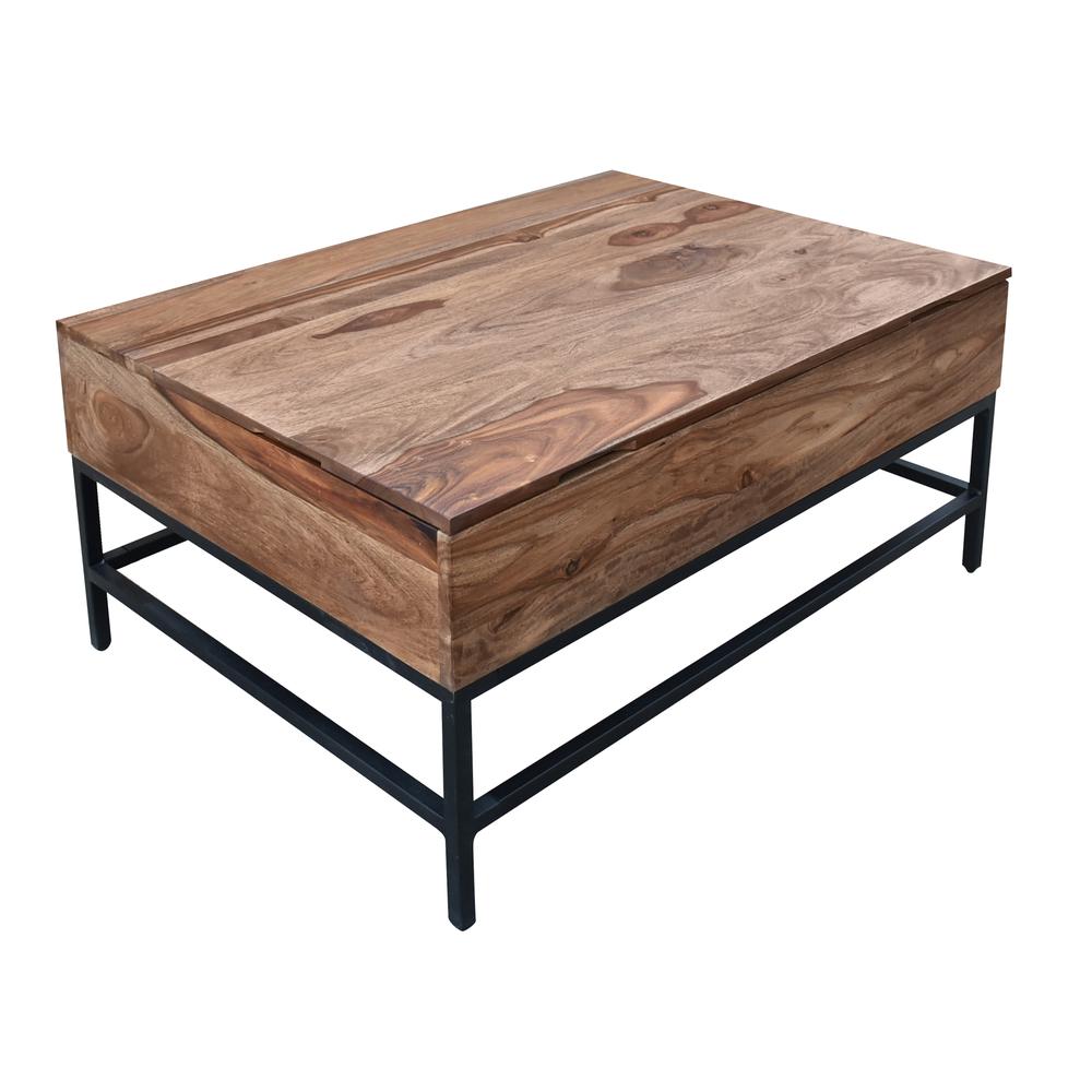 Mercer Rustic Lift Top Cocktail or Coffee Table with Hidden Storage - Natural Finish with Black Metal Legs. Picture 1