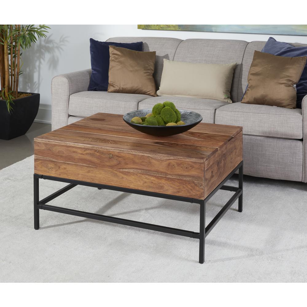 Mercer Rustic Lift Top Cocktail or Coffee Table with Hidden Storage - Natural Finish with Black Metal Legs. Picture 6