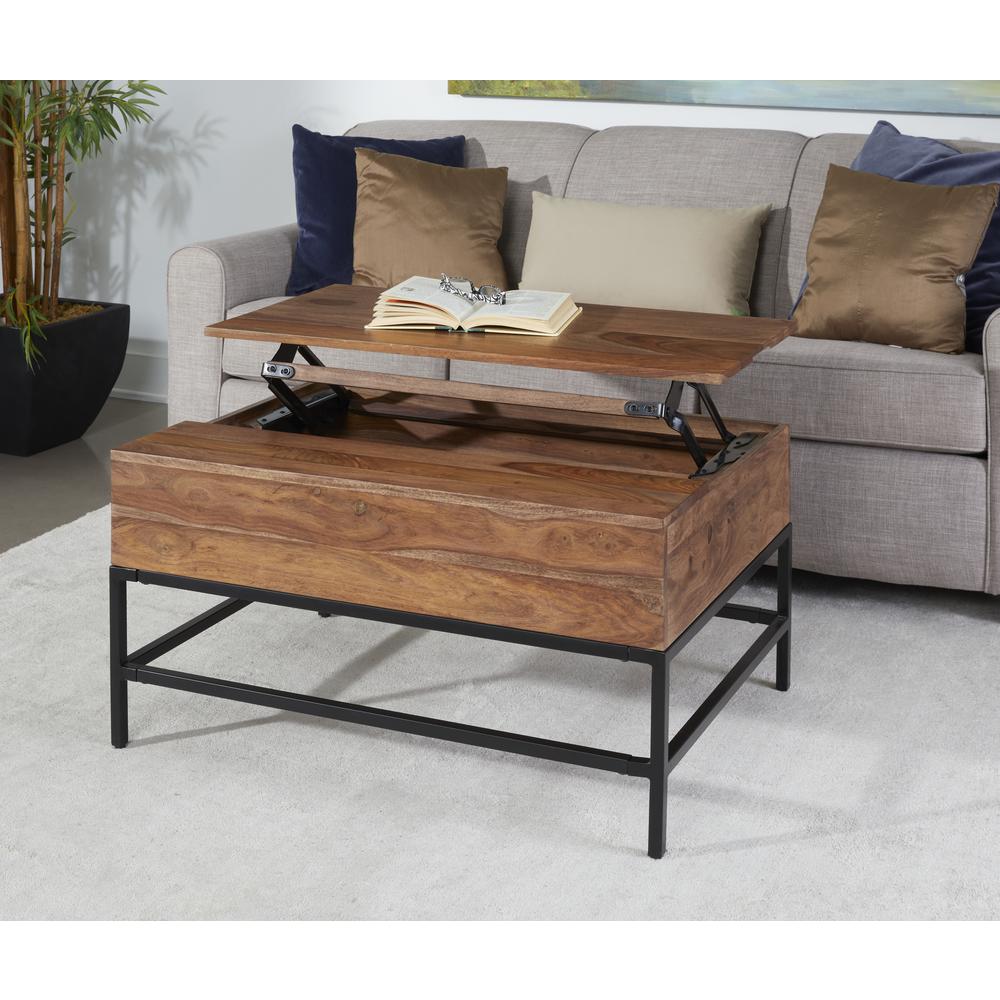 Mercer Rustic Lift Top Cocktail or Coffee Table with Hidden Storage - Natural Finish with Black Metal Legs. Picture 7