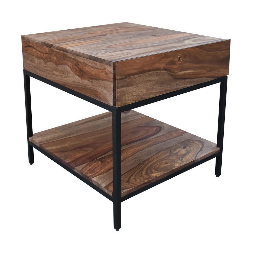 Mercer Rustic 1 Drawer End or Side Table with Shelf - Natural Finish with Black Metal Legs. Picture 1