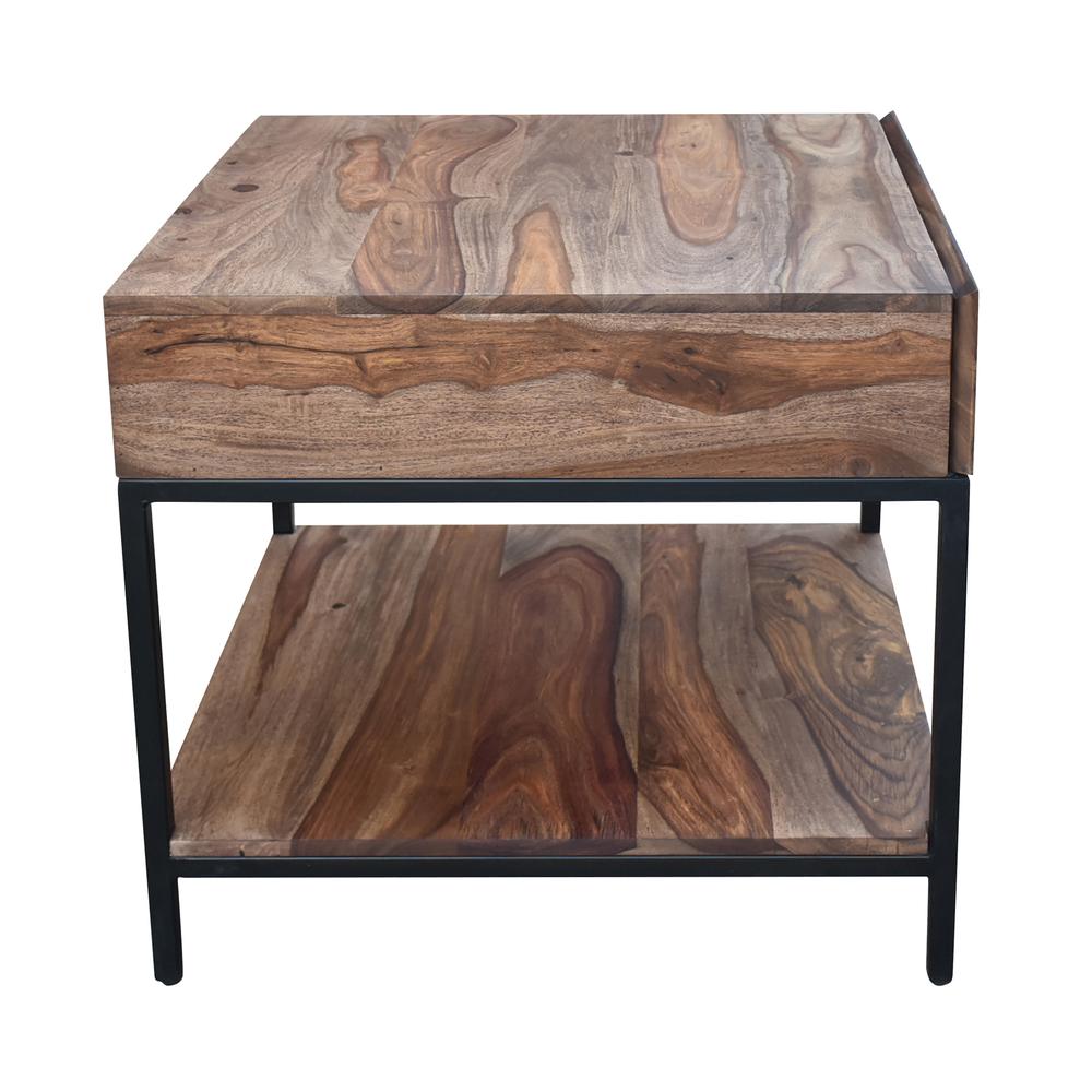 Mercer Rustic 1 Drawer End or Side Table with Shelf - Natural Finish with Black Metal Legs. Picture 4