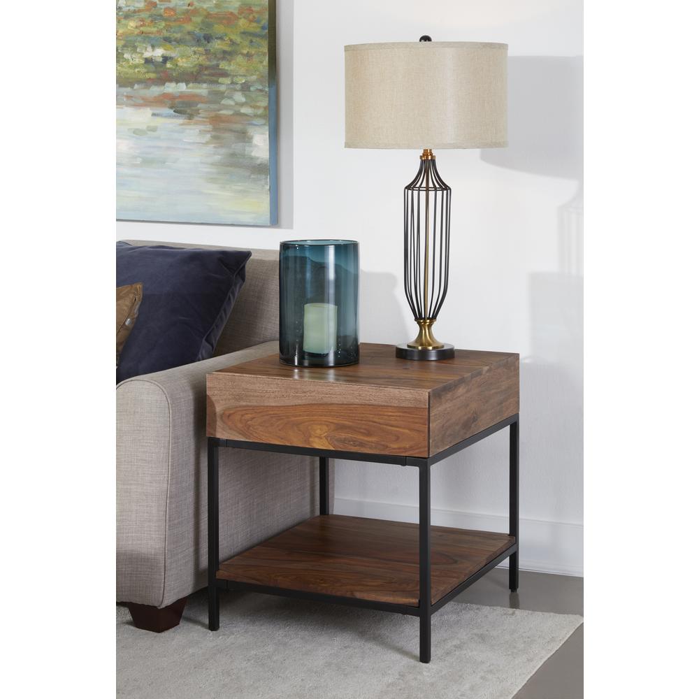 Mercer Rustic 1 Drawer End or Side Table with Shelf - Natural Finish with Black Metal Legs. Picture 5