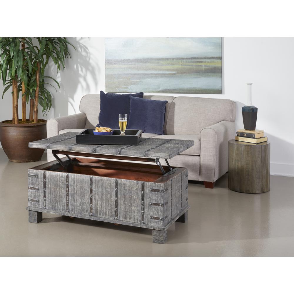 Rustic Lift Top Cocktail or Coffee Table with Hidden Storage in a Weathered Grey Finish. Picture 9