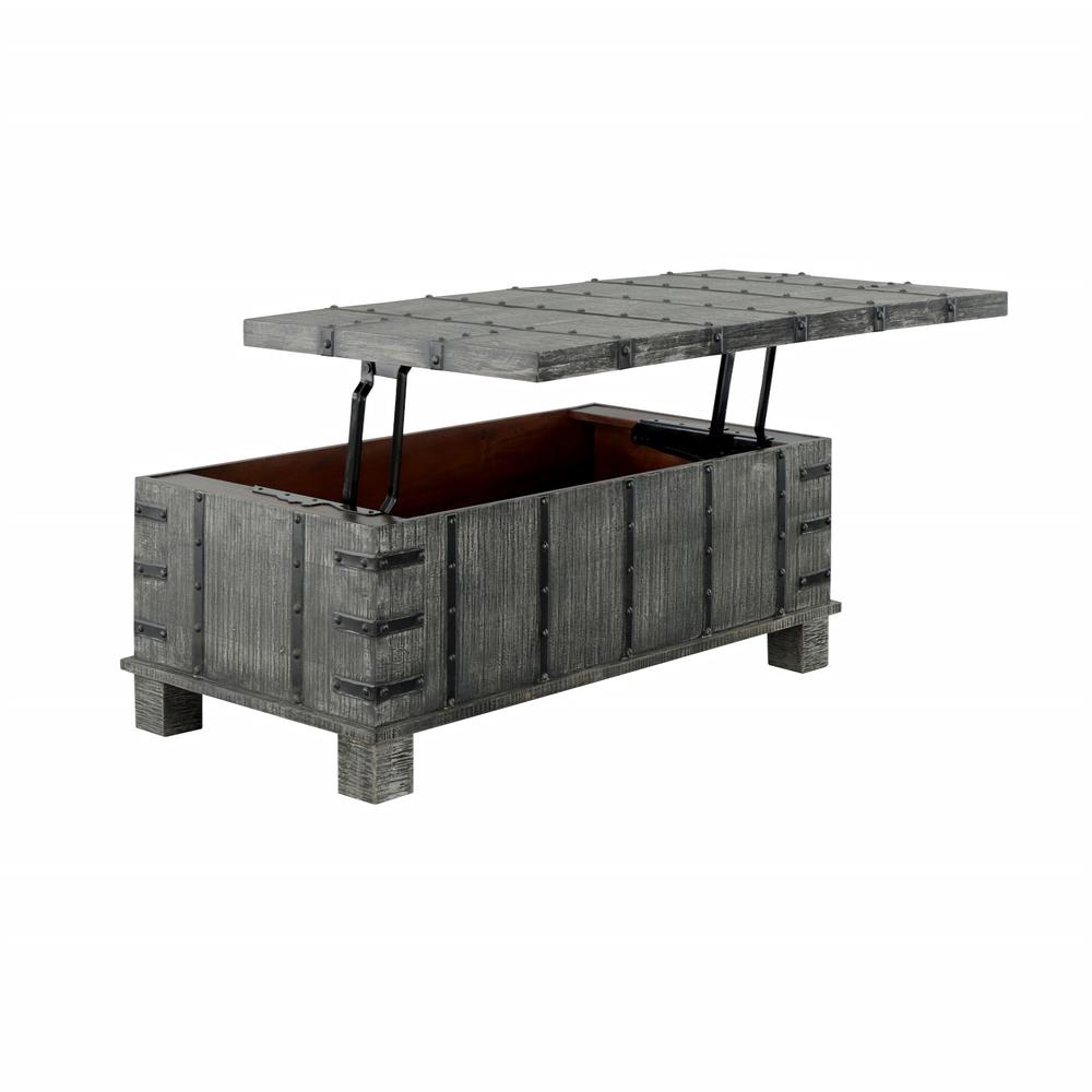 Rustic Lift Top Cocktail or Coffee Table with Hidden Storage in a Weathered Grey Finish. Picture 2