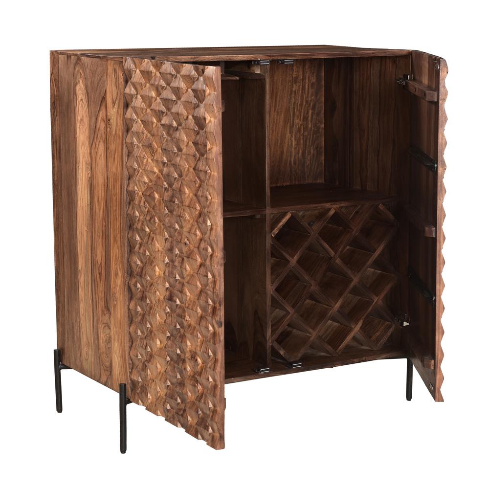 Atwood Exotic Solid Sheesham Wood 2 Door Bar Cabinet with Wine Bottle and Stemware Holder. Picture 3