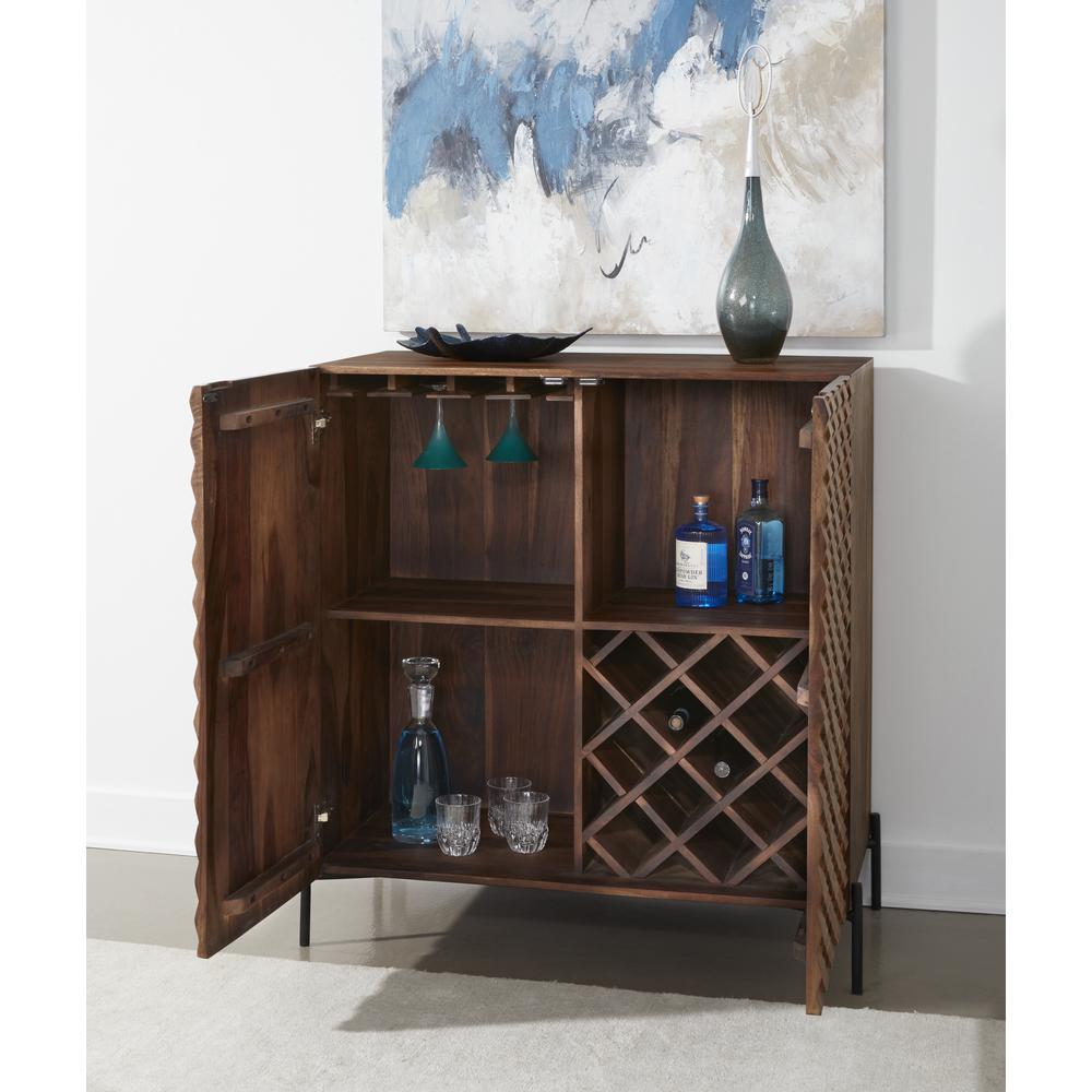 Atwood Exotic Solid Sheesham Wood 2 Door Bar Cabinet with Wine Bottle and Stemware Holder. Picture 7