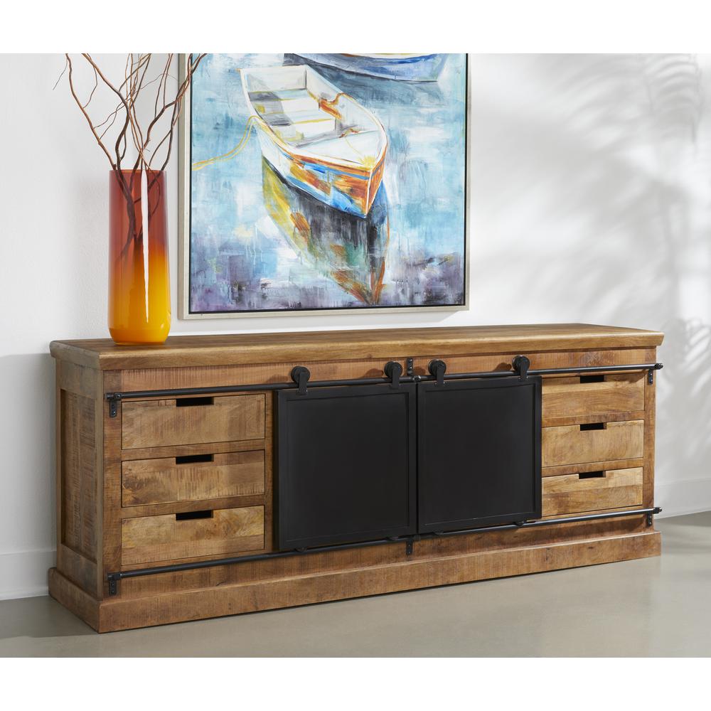 Wallen Exotic Sheesham Wood 2 Sliding Barn Doors 6 Drawer Credenza or Sideboard with a Chattermark Finish. Picture 1