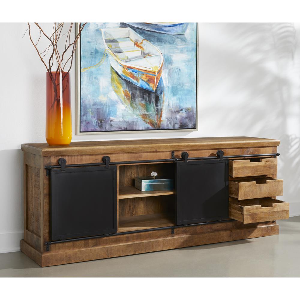 Wallen Exotic Sheesham Wood 2 Sliding Barn Doors 6 Drawer Credenza or Sideboard with a Chattermark Finish. Picture 2