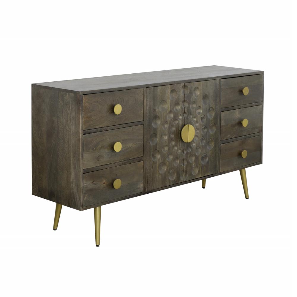 Brooklyn Contemporary Solid Mango Wood & Iron Two Door Six Drawer Credenza. Picture 1