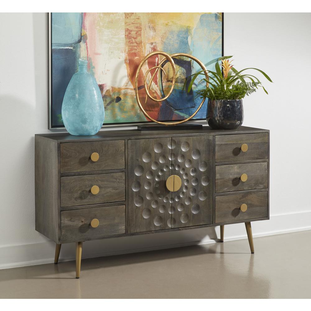 Brooklyn Contemporary Solid Mango Wood & Iron Two Door Six Drawer Credenza. Picture 9