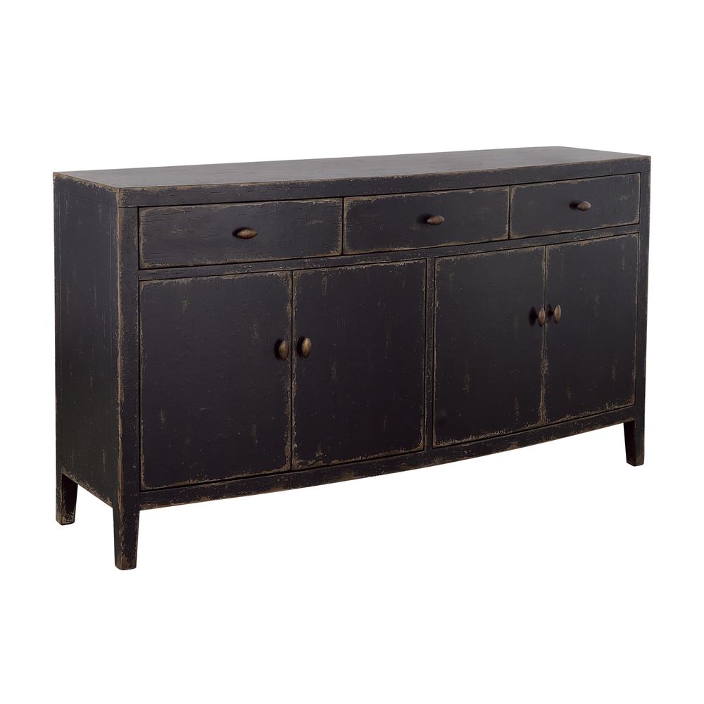 Mina Weathered Black and Brown Four Door Credenza with Three Drawers. Picture 1