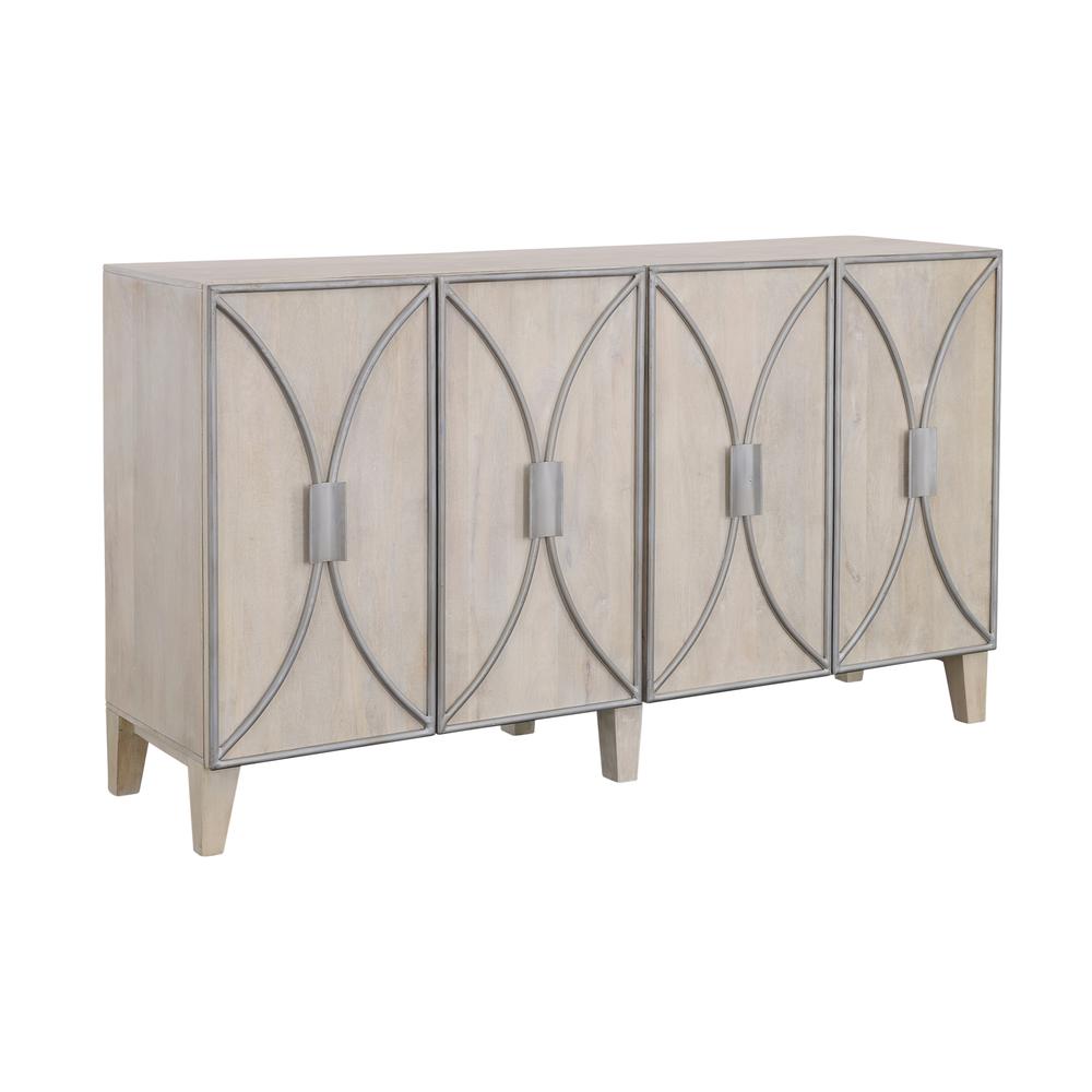 Contemporary Whitewash Four Door Credenza with Metal Detailing. Picture 1
