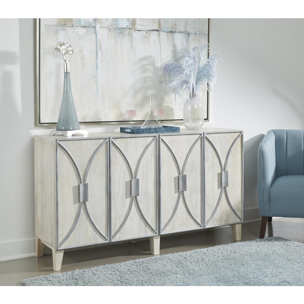 Contemporary Whitewash Four Door Credenza with Metal Detailing. Picture 7