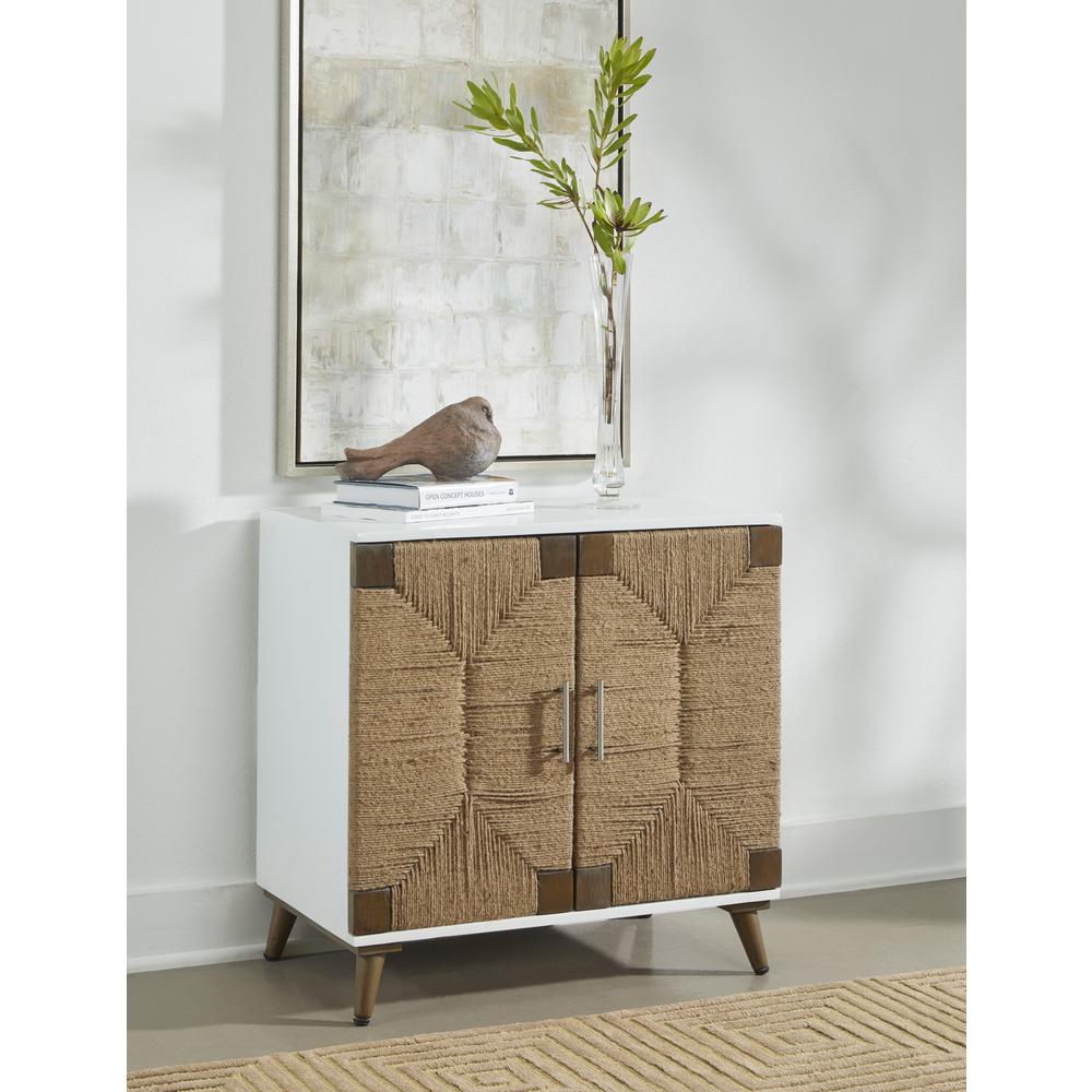 Solid Wood White Two Door Cabinet with Handwoven Jute Details. Picture 7