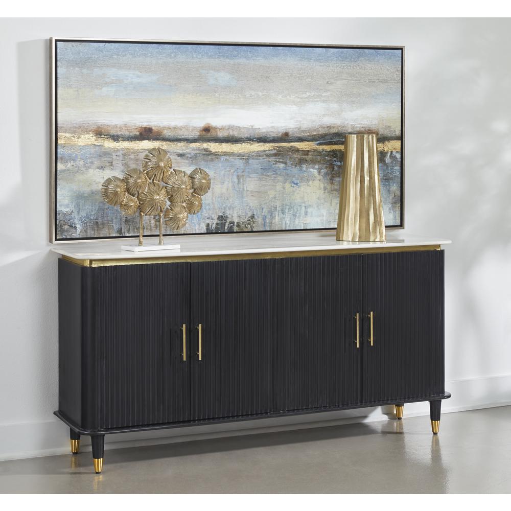 Davina Transitional Black & Gold Four Door Credenza with Marble Top. Picture 7