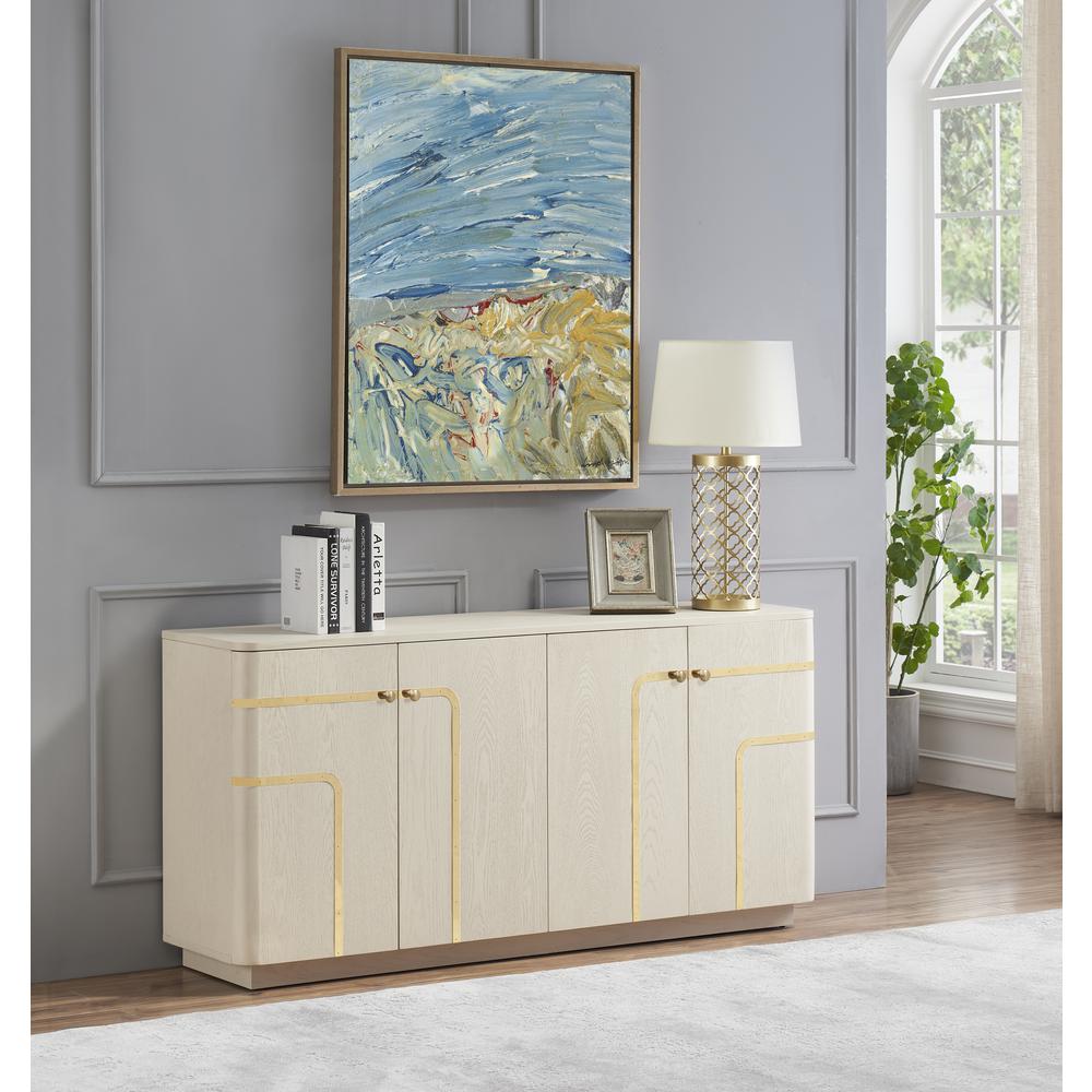 Chatsworth Four Door Cream Credenza with Gold Accents. Picture 5