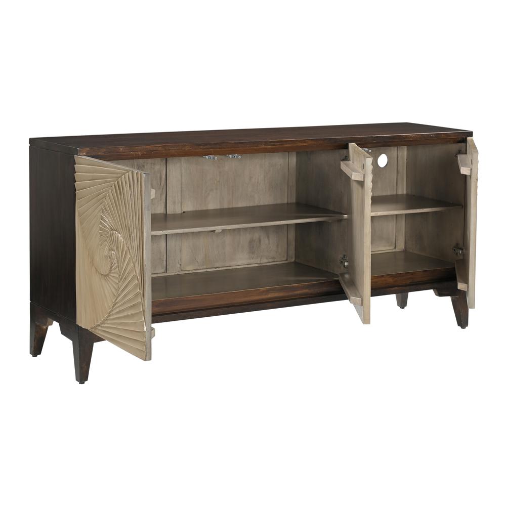 Ogallala Distressed Brown and Tan Transitional Three Door Credenza. Picture 4