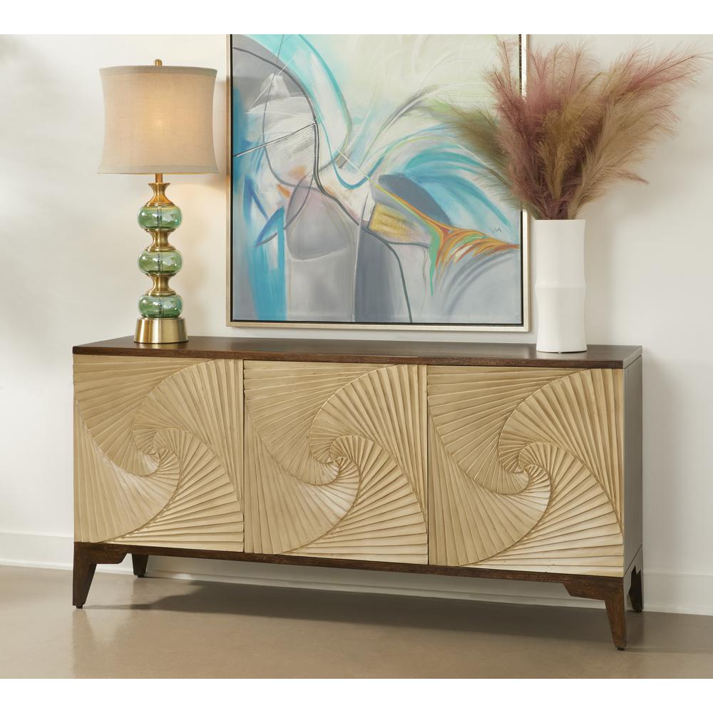 Ogallala Distressed Brown and Tan Transitional Three Door Credenza. Picture 9
