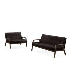 Iven Mid Century Wood Arm Sofa & Love Seat Set, Dark Brown. Picture 1