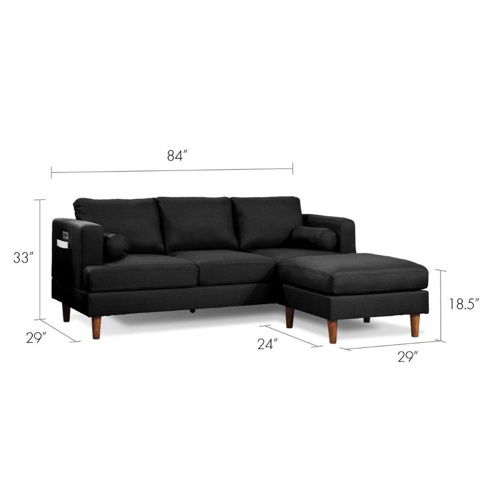Nico Velvet Sofa with Reversible Chaise, Black. Picture 1
