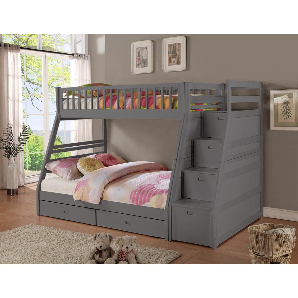 Sofia Twin Over Full Bunk Bed with 2 Drawers and Staircase Storage – Rustic Grey. Picture 1