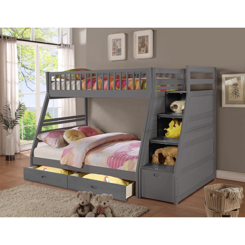 Sofia Twin Over Full Bunk Bed with 2 Drawers and Staircase Storage – Rustic Grey. Picture 2