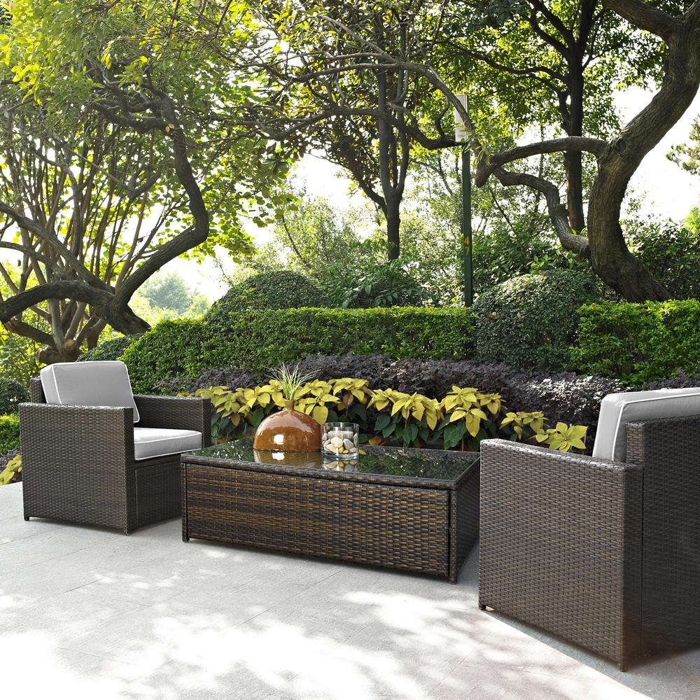 Palm Harbor 3Pc Outdoor Wicker Chat Set Gray/Brown - 2 Chairs, Glass Top Table. Picture 8