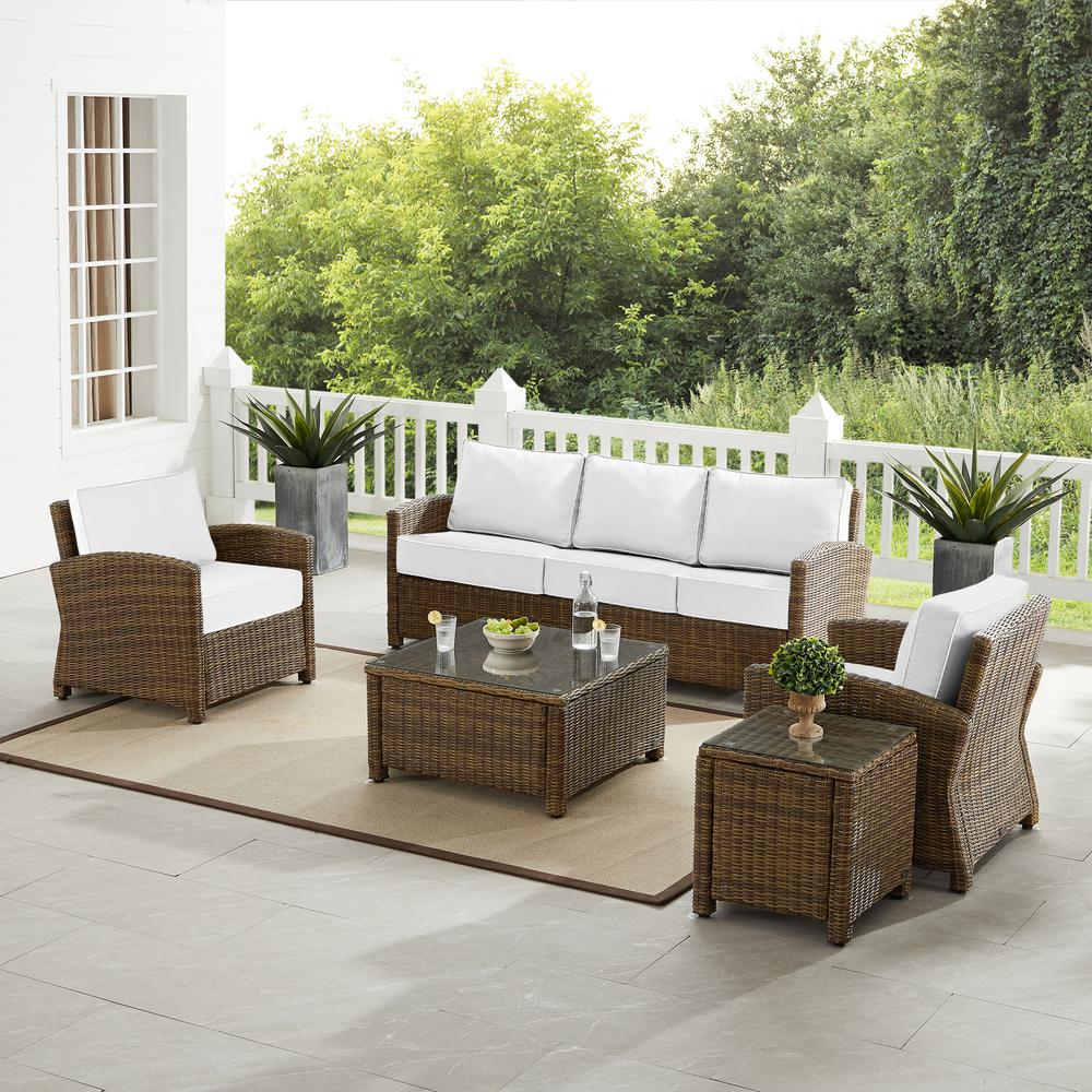 Bradenton 5Pc Outdoor Wicker Sofa Set - Sunbrella White/ Weathered Brown - Sofa, Side Table, Coffee Table, & 2 Armchairs. Picture 14