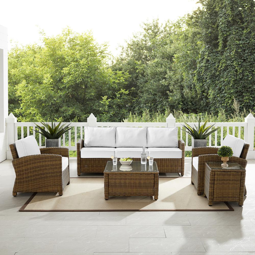 Bradenton 5Pc Outdoor Wicker Sofa Set - Sunbrella White/ Weathered Brown - Sofa, Side Table, Coffee Table, & 2 Armchairs. Picture 15