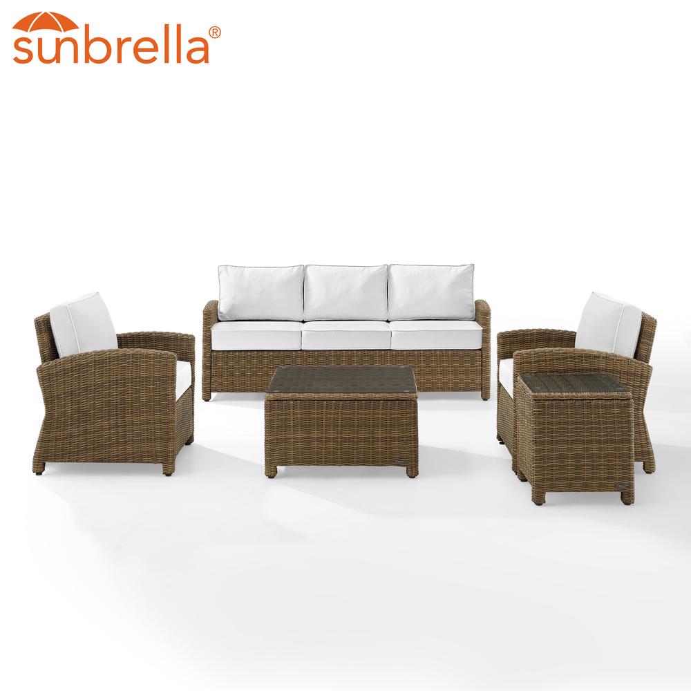 Bradenton 5Pc Outdoor Wicker Sofa Set - Sunbrella White/ Weathered Brown - Sofa, Side Table, Coffee Table, & 2 Armchairs. Picture 17