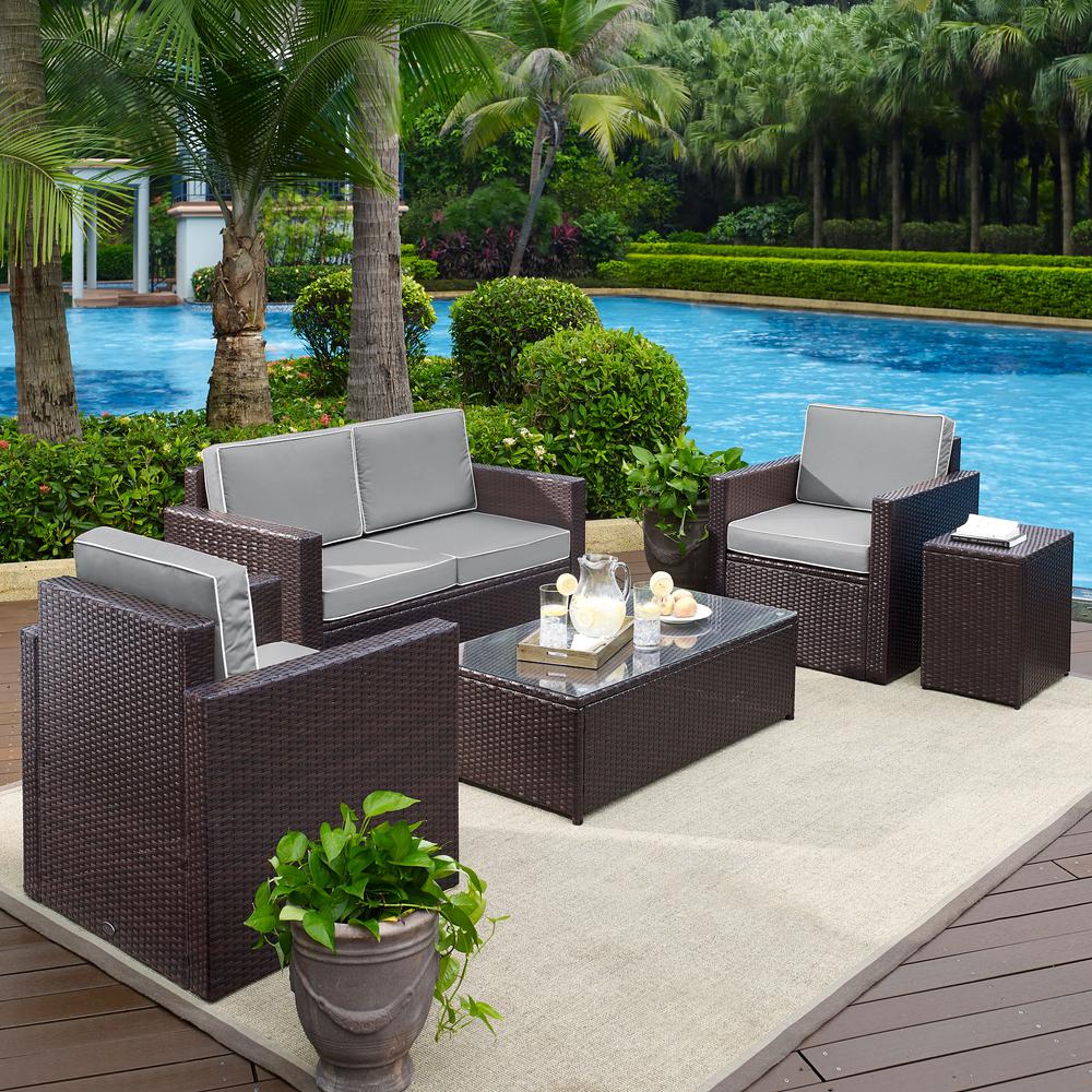 Palm Harbor 5Pc Outdoor Wicker Conversation Set Gray/Brown - Loveseat, 2 Arm Chairs, Side Table, Glass Top Table. Picture 8