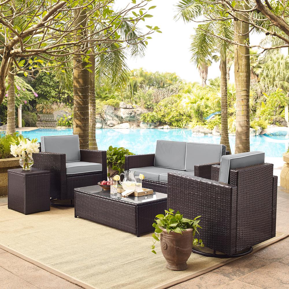 Palm Harbor 5Pc Outdoor Wicker Conversation Set Gray/Brown - Loveseat, 2 Swivel Chairs, Side Table, Glass Top Table. Picture 2