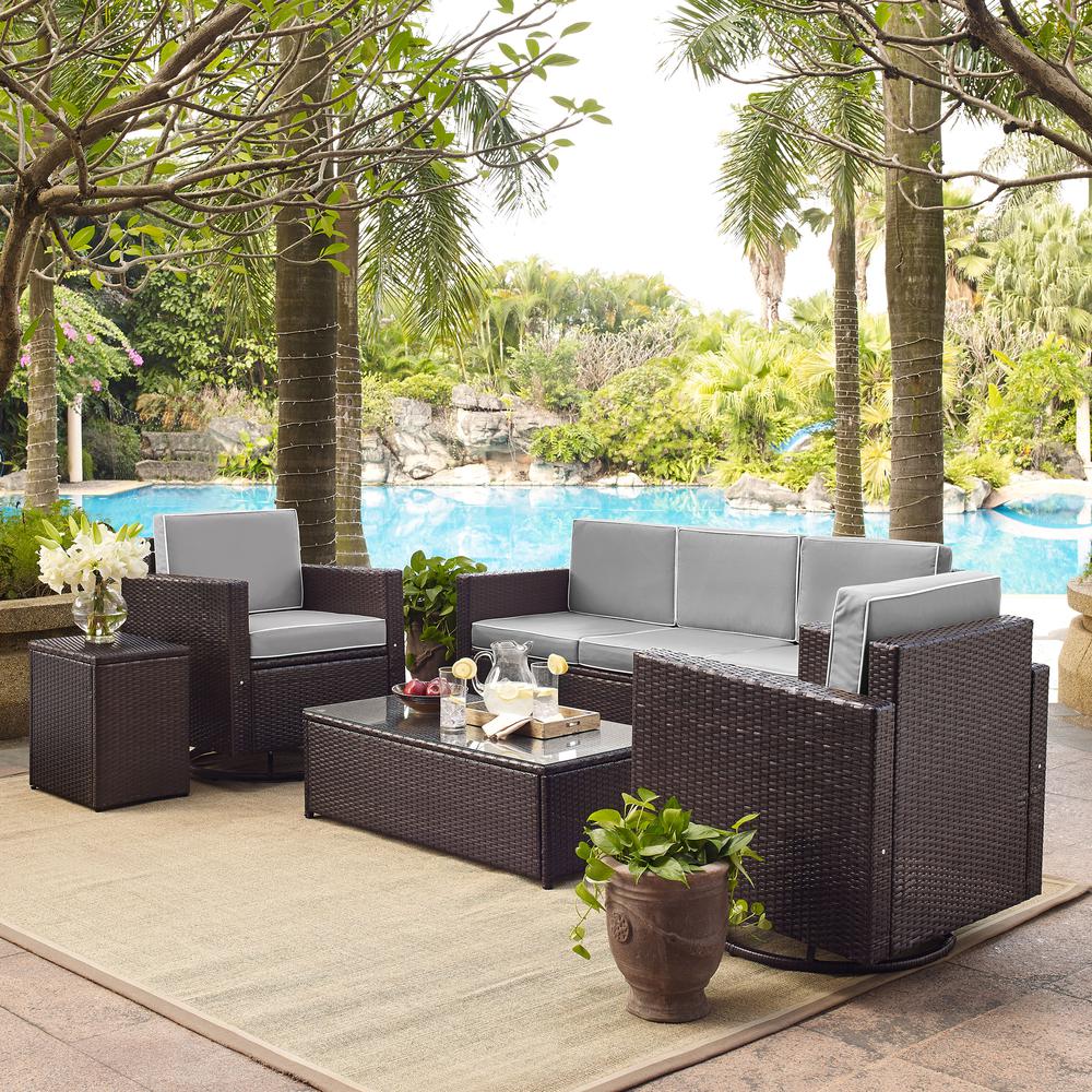 Palm Harbor 5Pc Outdoor Wicker Conversation Set Gray/Brown - Sofa, 2 Swivel Chairs, Side Table, Glass Top Table. Picture 2