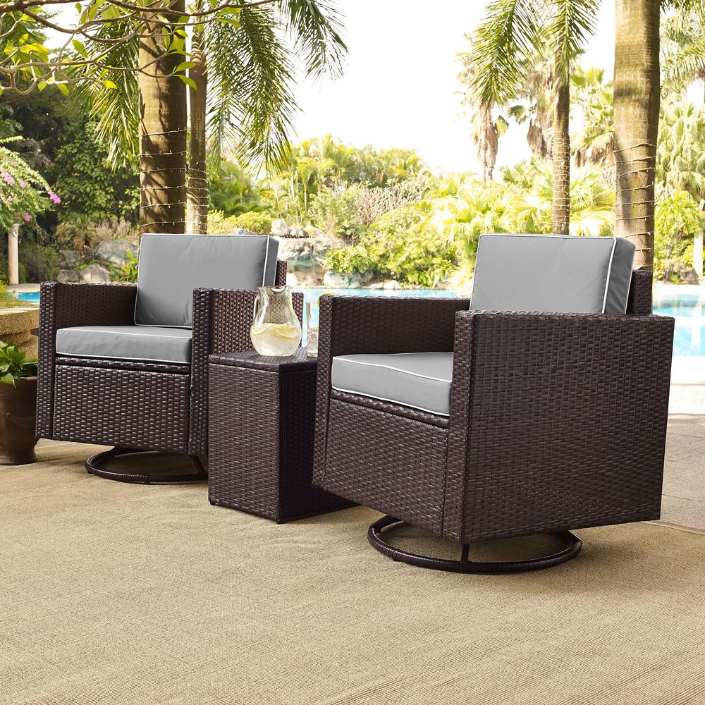 Palm Harbor 3Pc Outdoor Wicker Swivel Chair Set Gray/Brown - Side Table & 2 Swivel Chairs. Picture 8